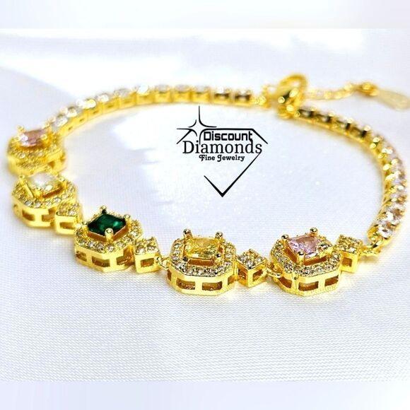 Green Topaz Tennis Bracelet on 18K Platinum Jewelry - Green, Pink, & White Topaz Tennis Bracelet on Platinum - Stamped PT 950 …